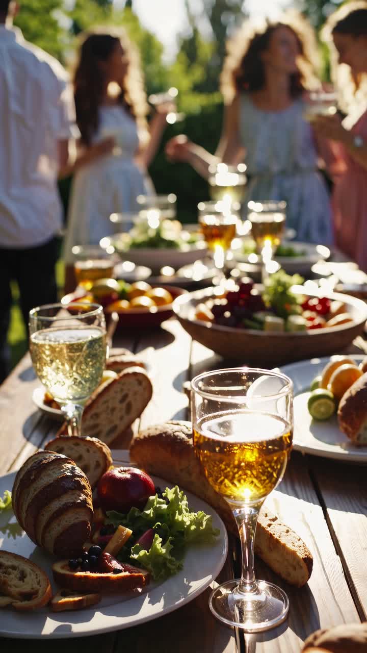 Outdoor gathering with wine glasses, bread, and salads on a wooden table