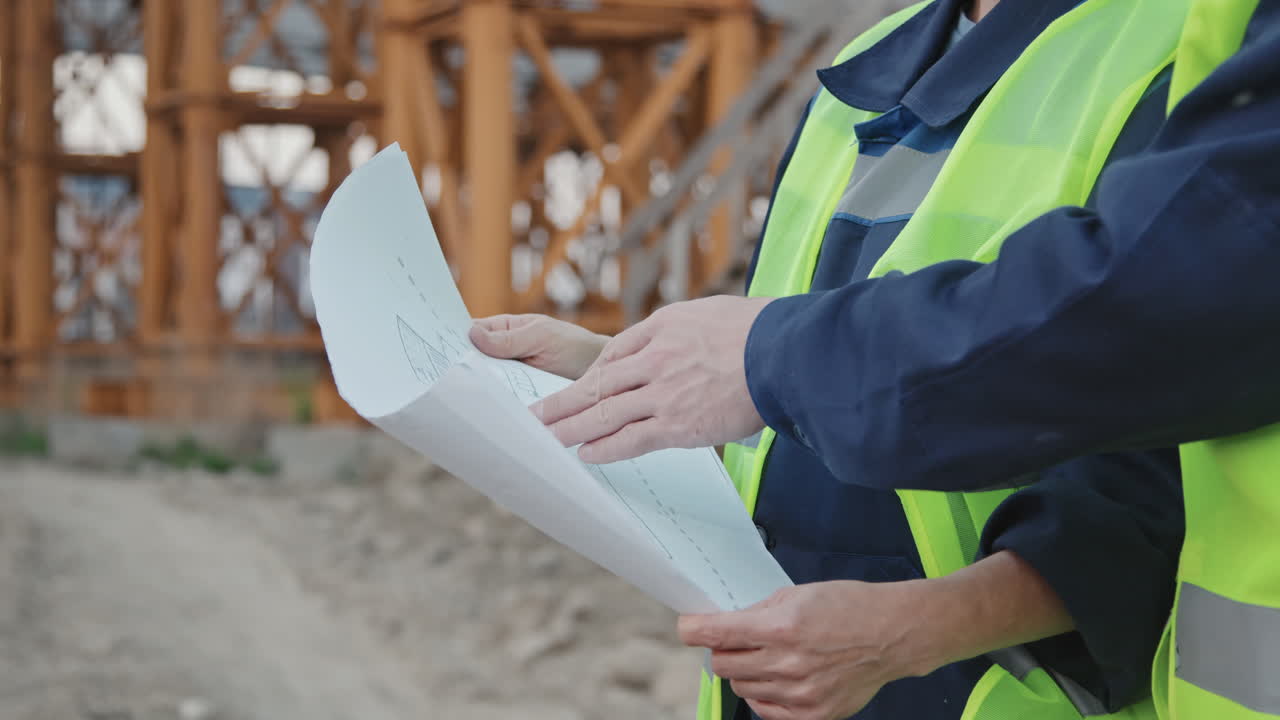 Unrecognizable Construction Workers Discussing Blueprint