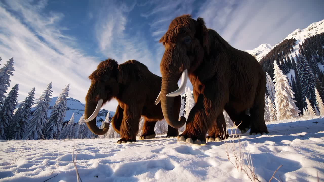 Mammoths in a Winter Mountain Landscape