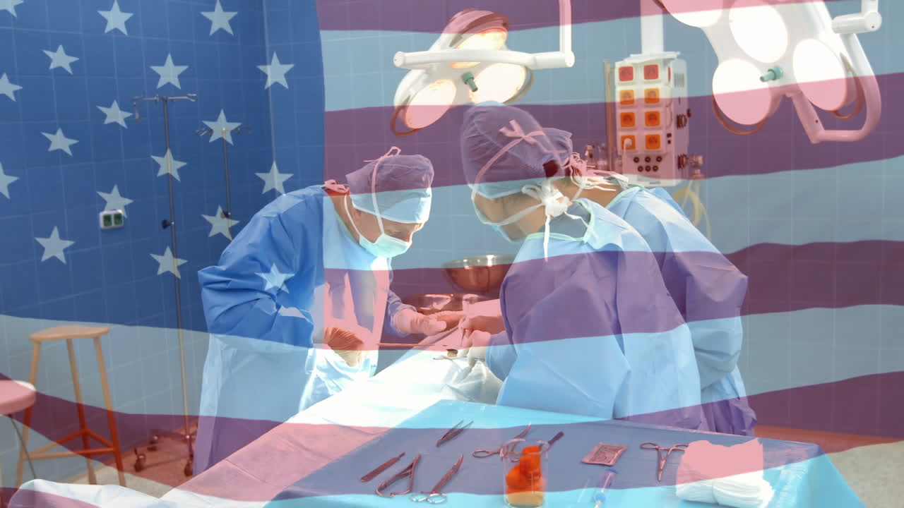 수술실 에서 외과 의사 들 위 에 흔들리는 미국 국기 의 애니메이션