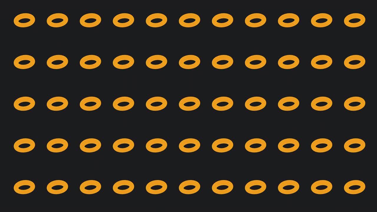 3D animation of pattern of rotating toruses in solid color on dark background