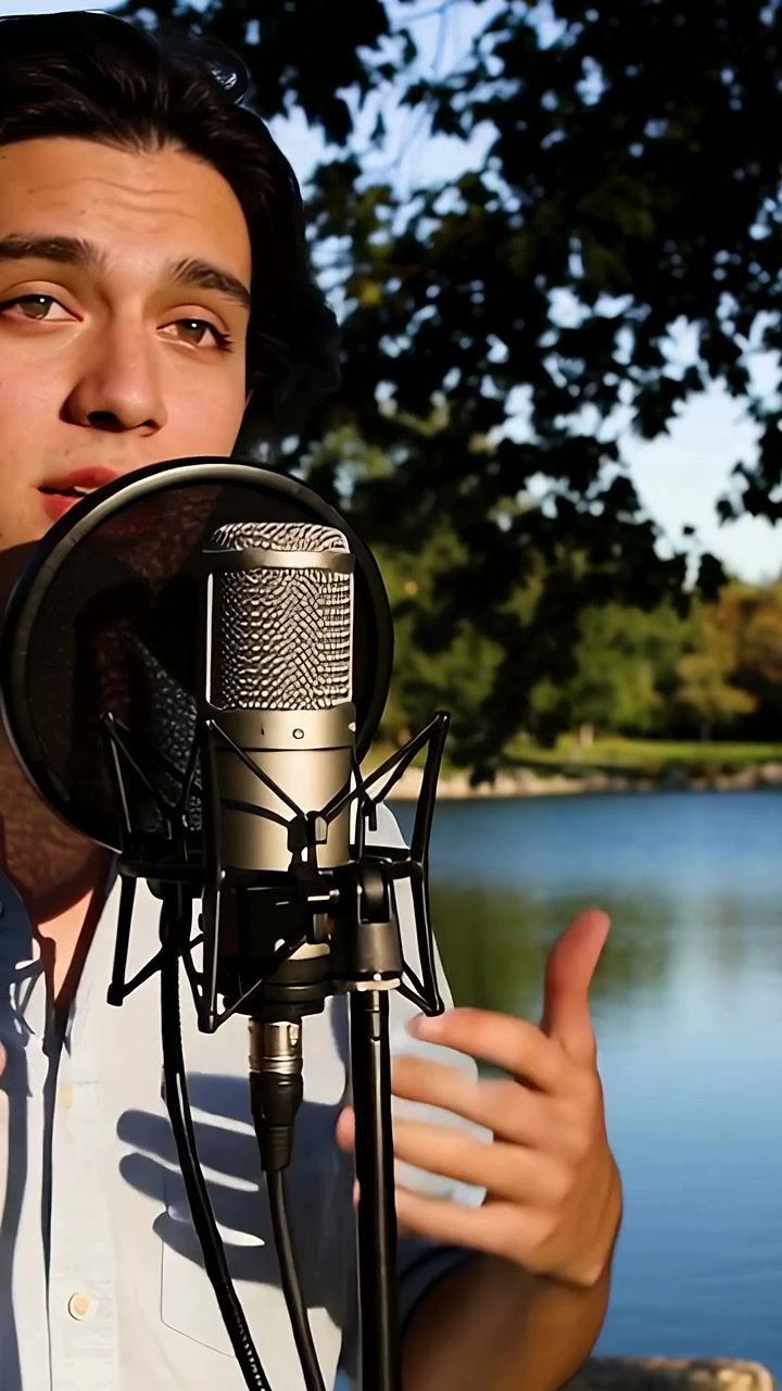 Video verticale: Registrazione di un cantante che inizia, con una camicia chiara, che canta in un microfono vicino al lago per una ripresa vocale.