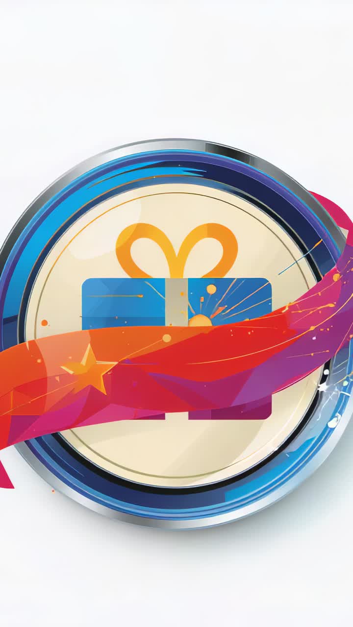 Vertical video: Animating ribbon sweep revealing medallion on pale backdrop showing gift icon