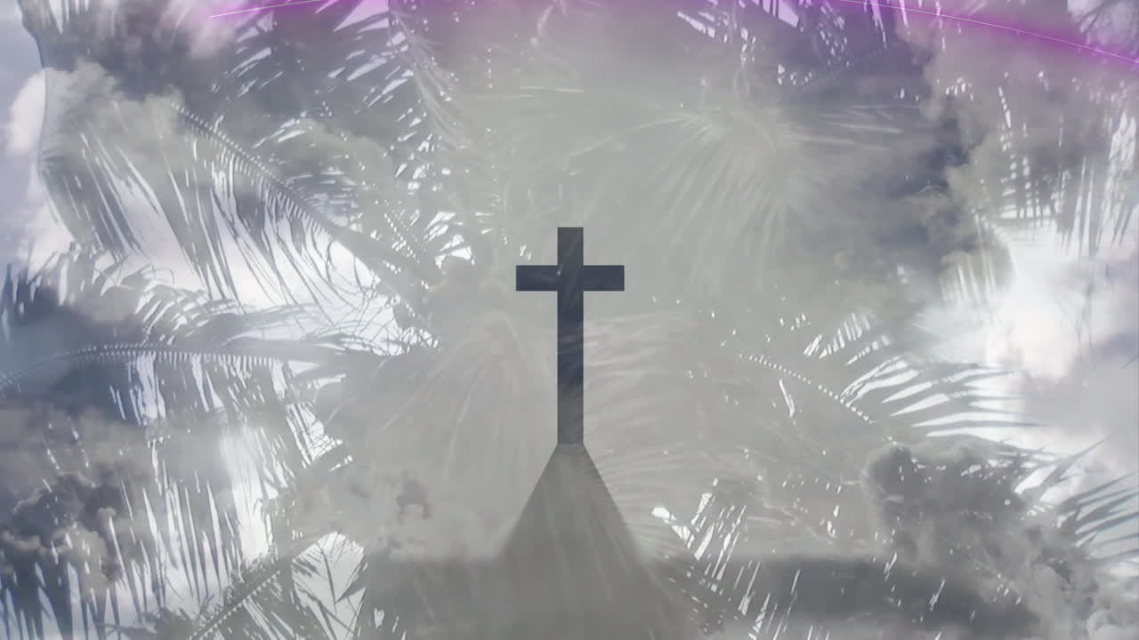 Silhouette of cross against palm trees and cloudy sky with purple animation tint