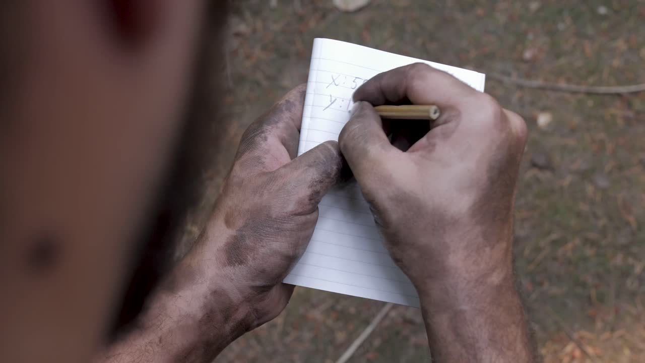 por encima del hombro mírame garabateando notas falsas en un cuaderno