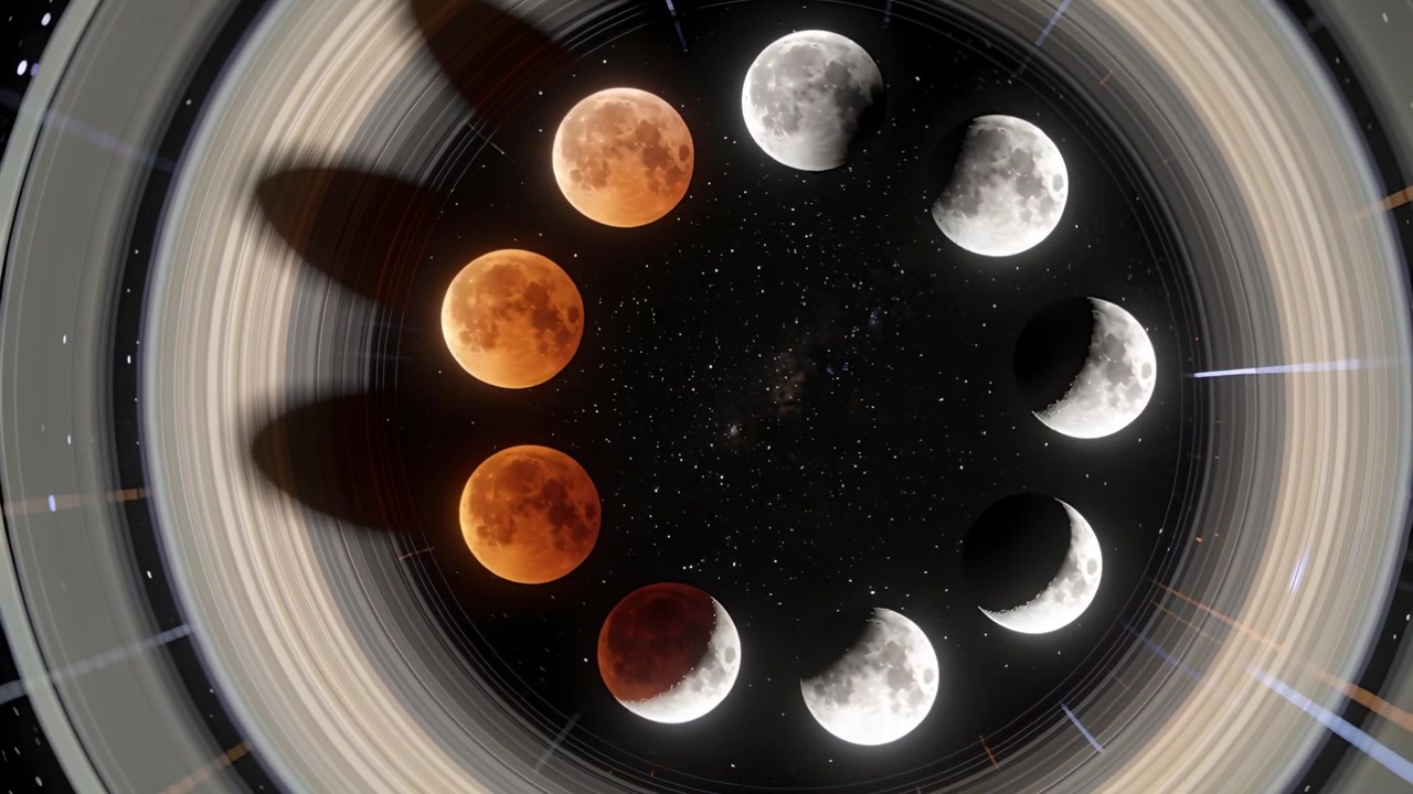 Frames rolling simulating rotating circle of twelve moons over stars with rings and left shadows