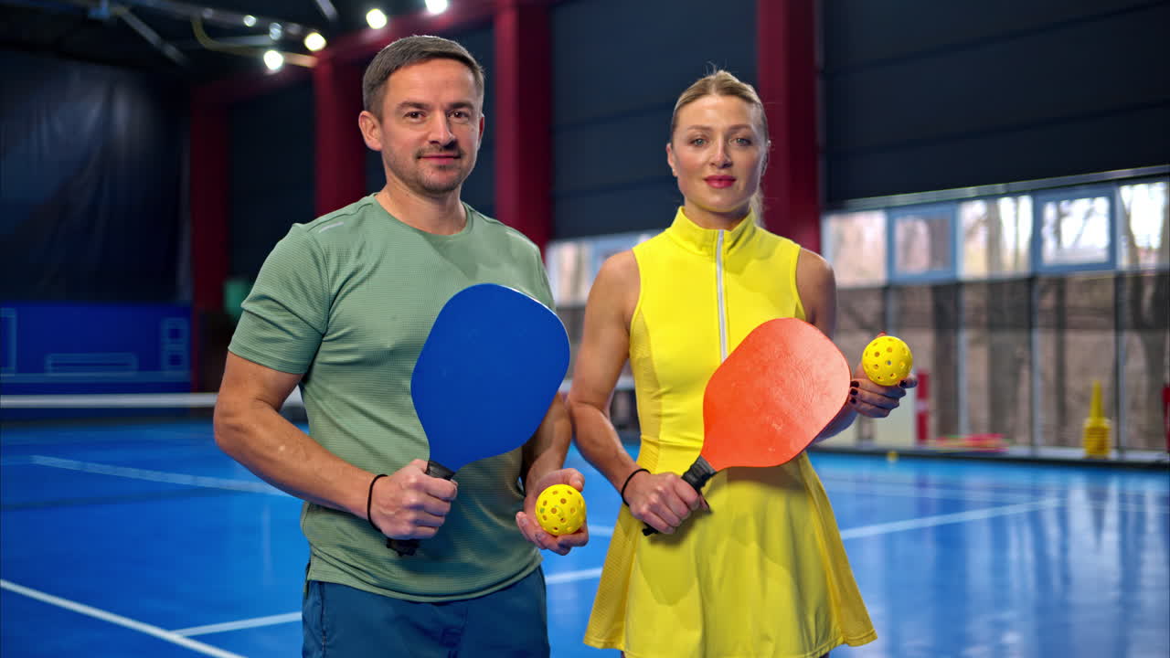 Un uomo e una donna posano dopo aver giocato a pickleball su un campo interno blu