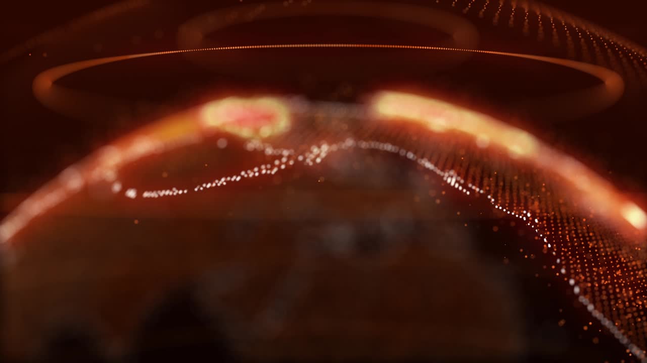 스타일화 된 입자 세계에서 성장하는 mesh의 3d 애니메이션. 주변. 회전하는 원과 입자 멋진 배경