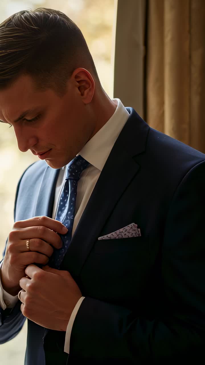 Vertical video: Fixing man in suit fixing tie and jacket by window, preparing to leave