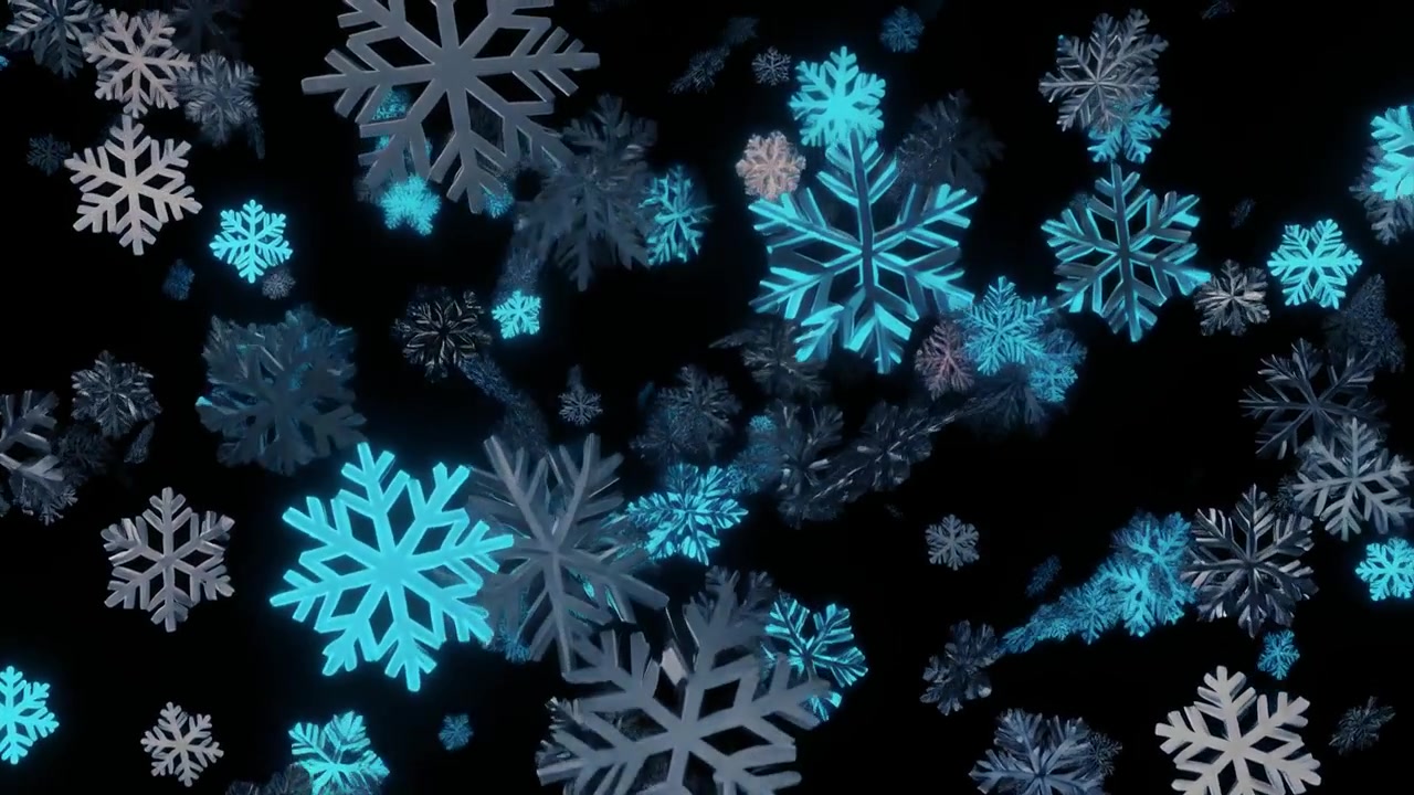 3D-animasjon av glødende blå og sølvfargede snøflak som faller mot svart bakgrunn