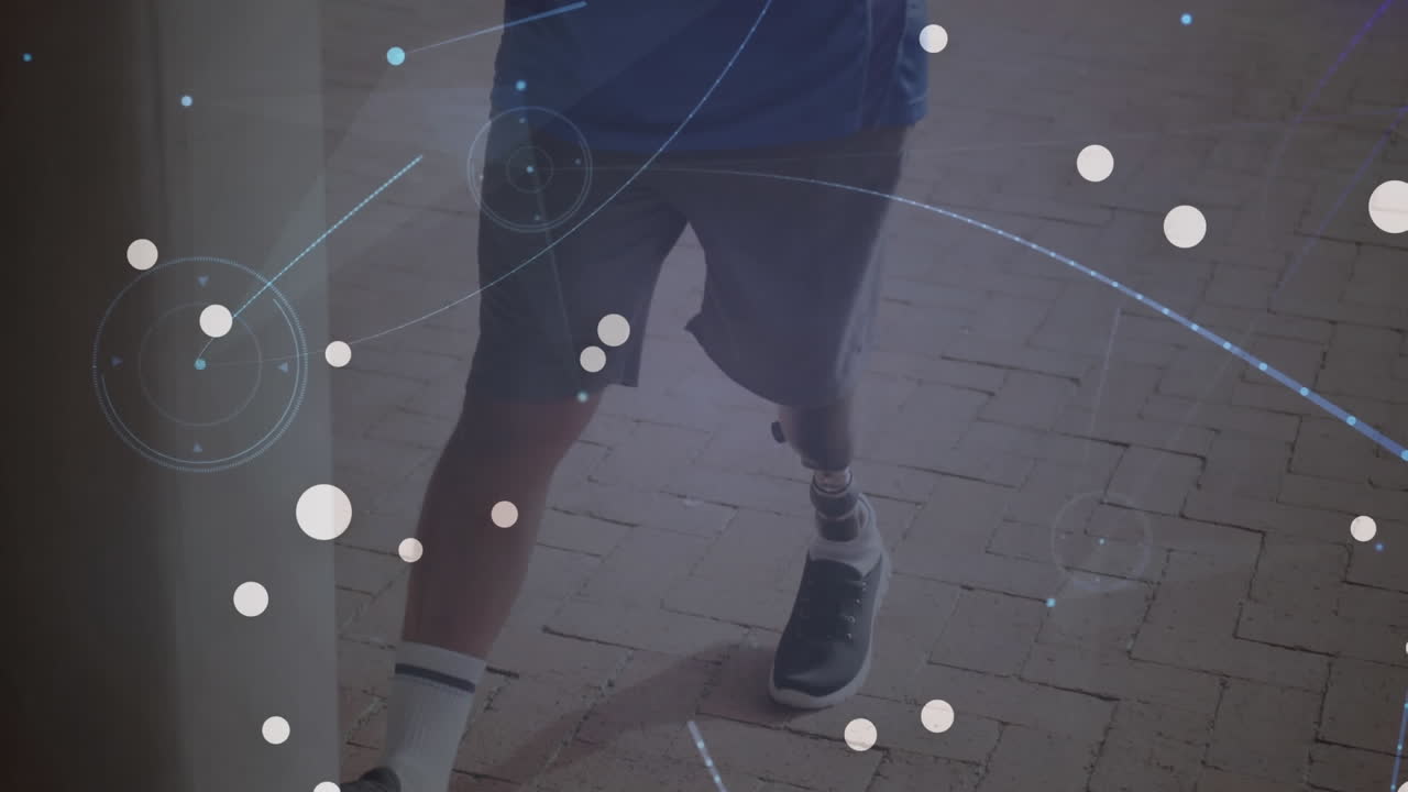 Animation of glowing dots and network over male athlete with prosthetic leg exercising outdoors