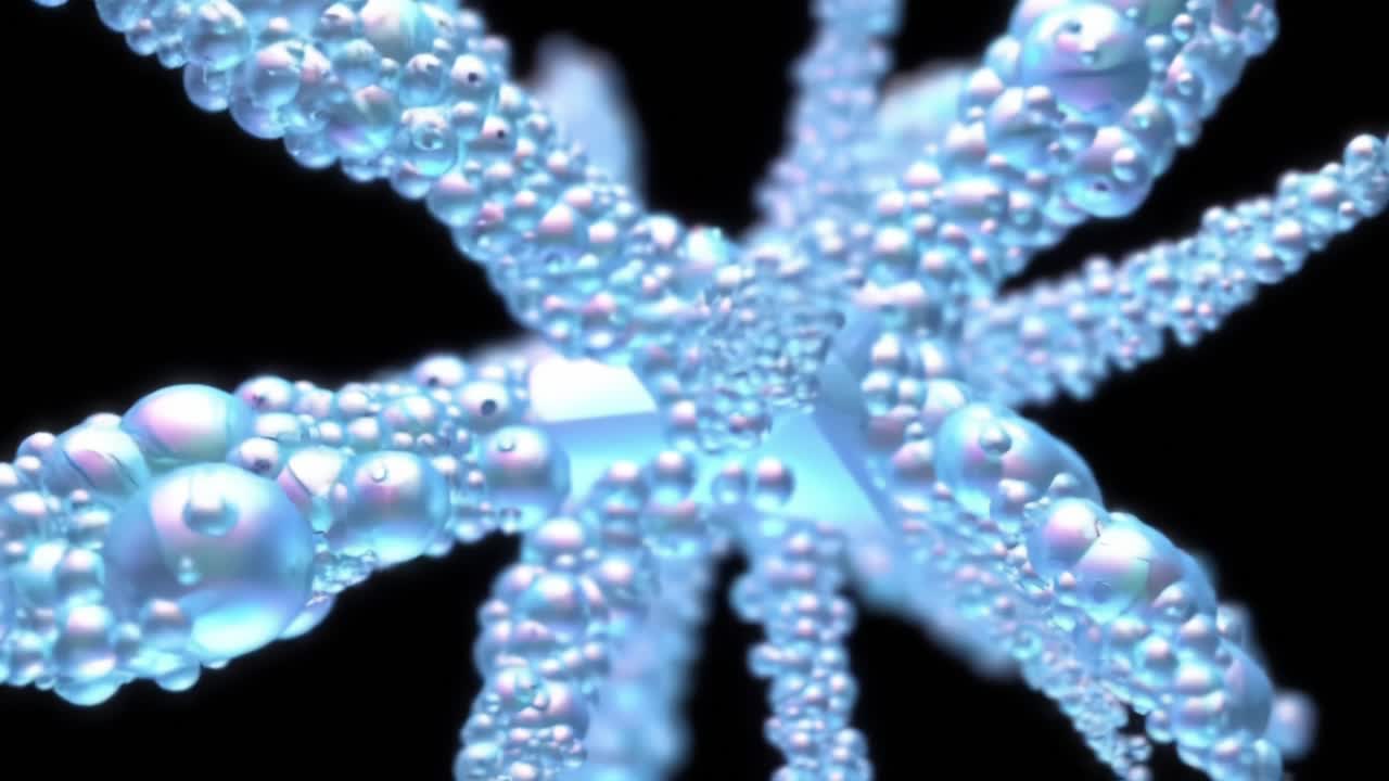 A Mesmerizing Journey Through Fluid Dynamics: Glimmering Bubbles Transforming in Intricate Patterns of Light and Color Against a Dark Background
