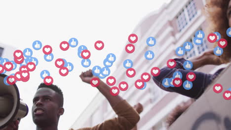 animation of emoji icons over diverse protestors on street