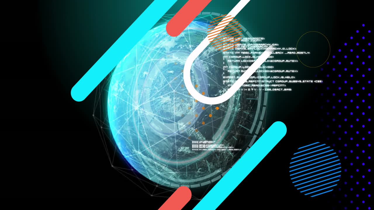 Digital globe being animated in abstract space, with network lines, HUD graphics, coral bars