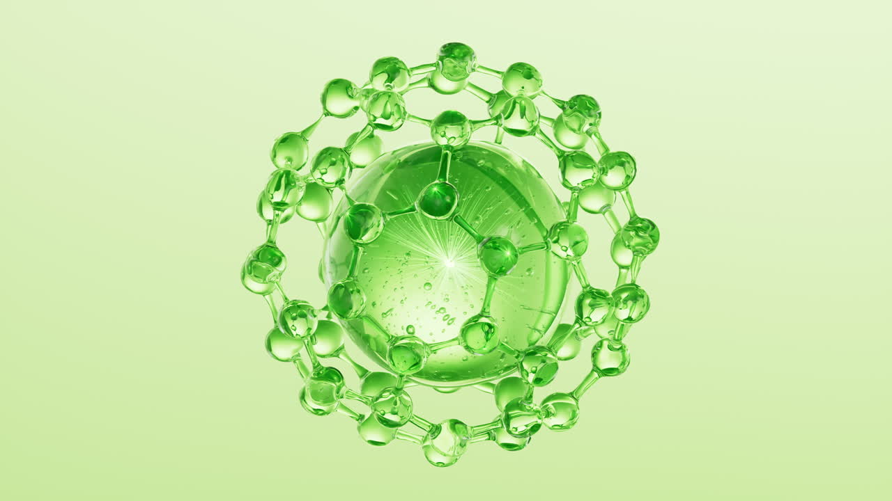 분자 및 녹색 화장품 액체 공 배경, 3d 렌더링