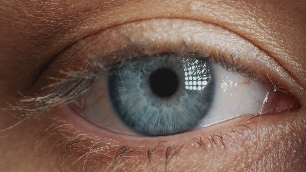 belleza macro ojo humano abriéndose parpadeando hermoso iris azul de cerca