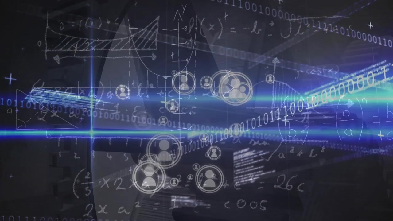 Animation of data processing over black background with blue lights and icons
