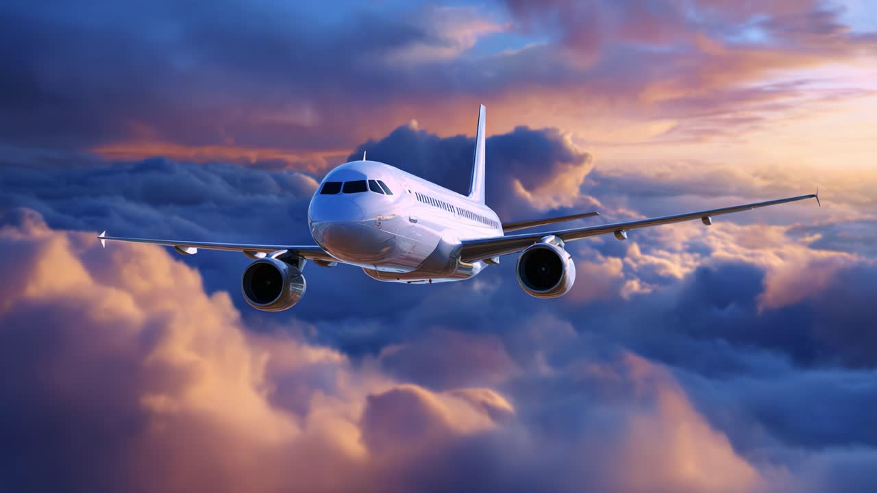 Un aereo maestoso che scivola tra nuvole vibranti al crepuscolo, catturando l'essenza del viaggio aereo e dell'avventura in mezzo agli splendidi cieli sovrastanti