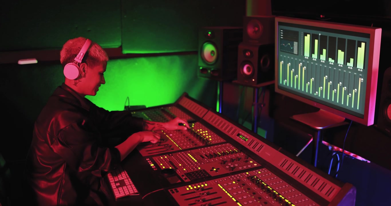 Giovane ingegnere del suono che lavora a una console di missaggio in uno studio