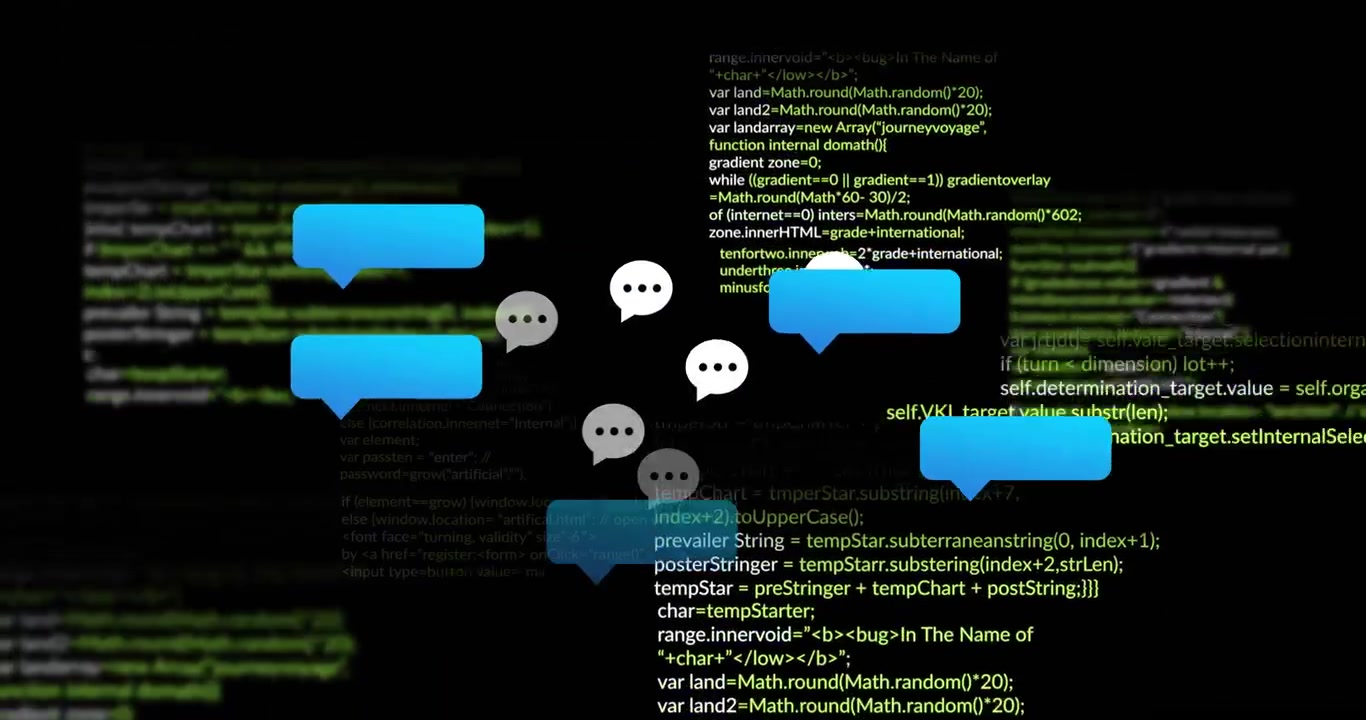 Single blue chat bubble starting bubbles clustering, spreading on console simulating messaging flow