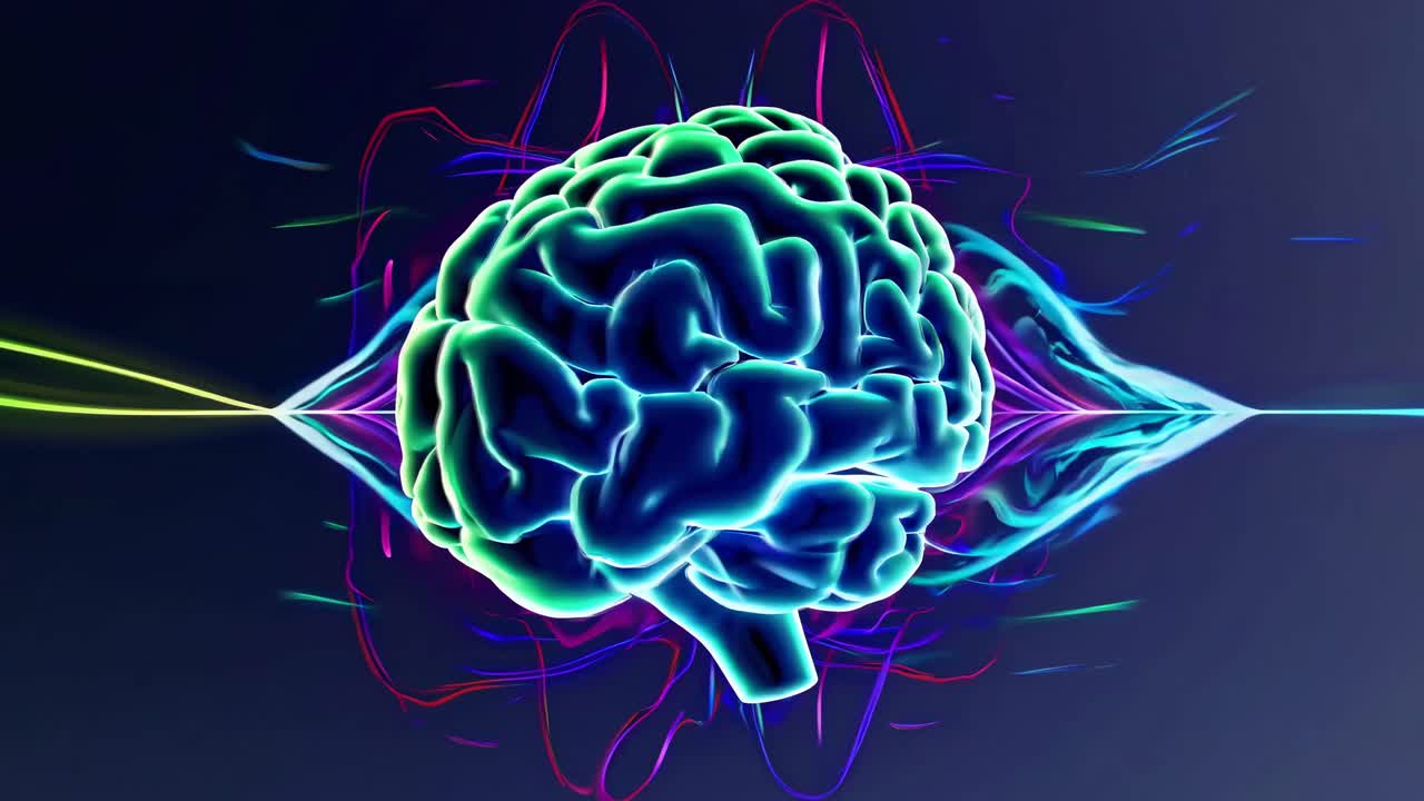 A digital rendering of a glowing brain with swirling neon lines, viewed from a high angle