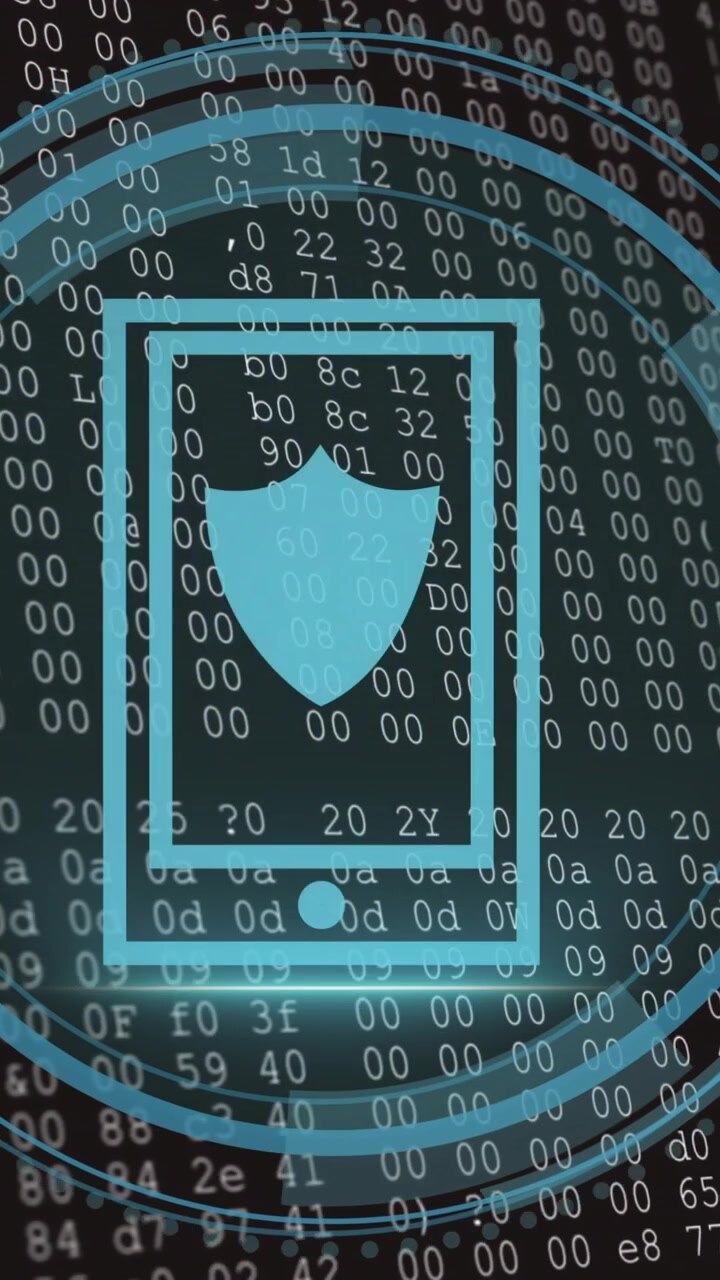 Animation of shield icon and digital data processing over computer servers
