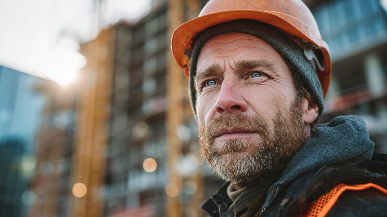 Un operaio edile concentrato si erge in primo piano in un cantiere, indossa un cappello e dispositivi di sicurezza, incarnando determinazione e impegno nel suo mestiere