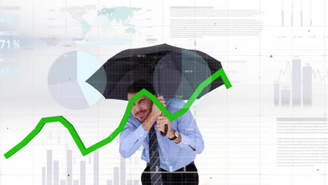 procesamiento de datos financieros contra el hombre de negocios con un paraguas