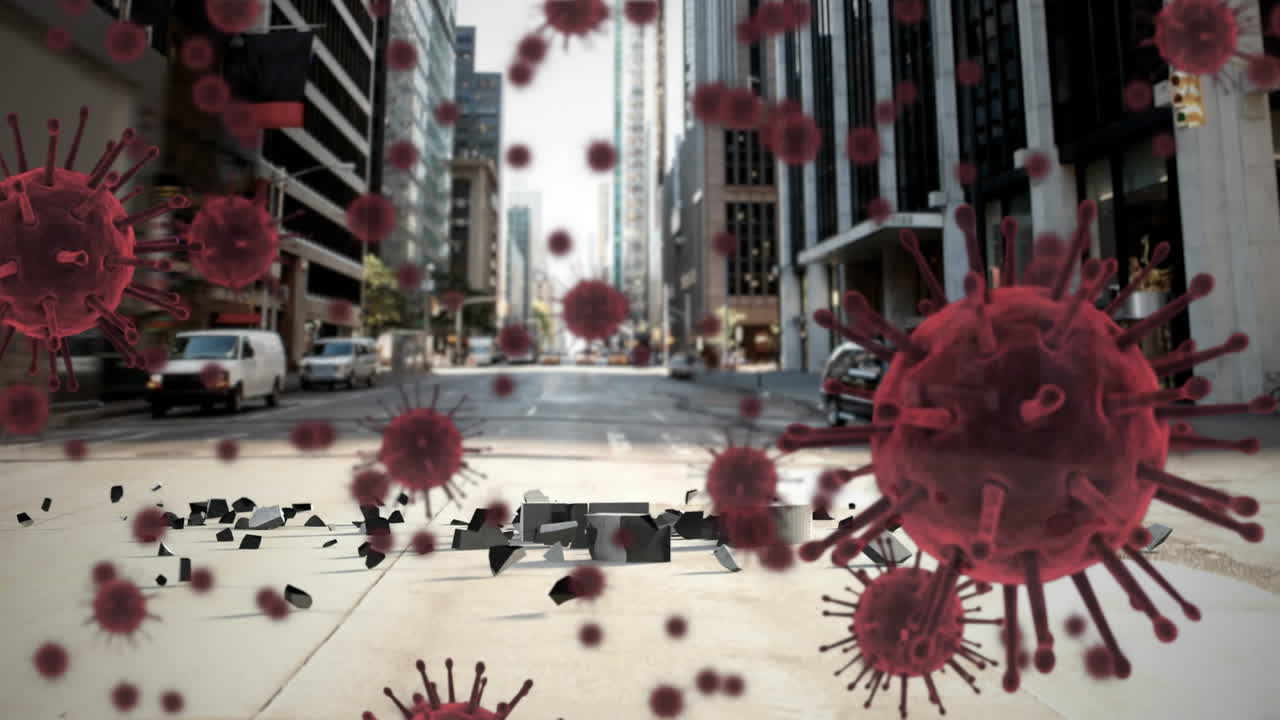 Animation of covid-19 cells floating against pound symbol breaking and falling on the street