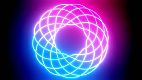 round neon frame. 4k looped animation background with neon glow, light gradient blue red magenta. 3d luminous frame figure rotates smoothly in the dark in cycle.