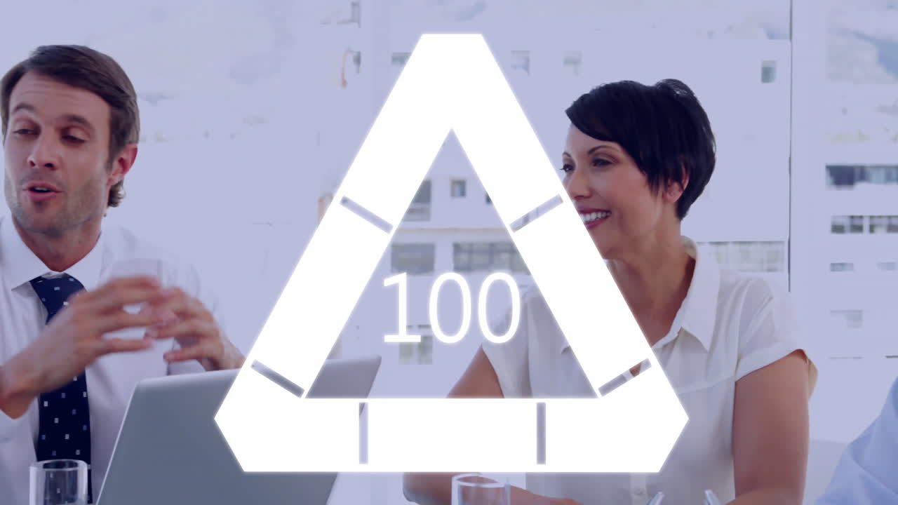 In meeting, colleagues discussing business with digital progress indicator animation