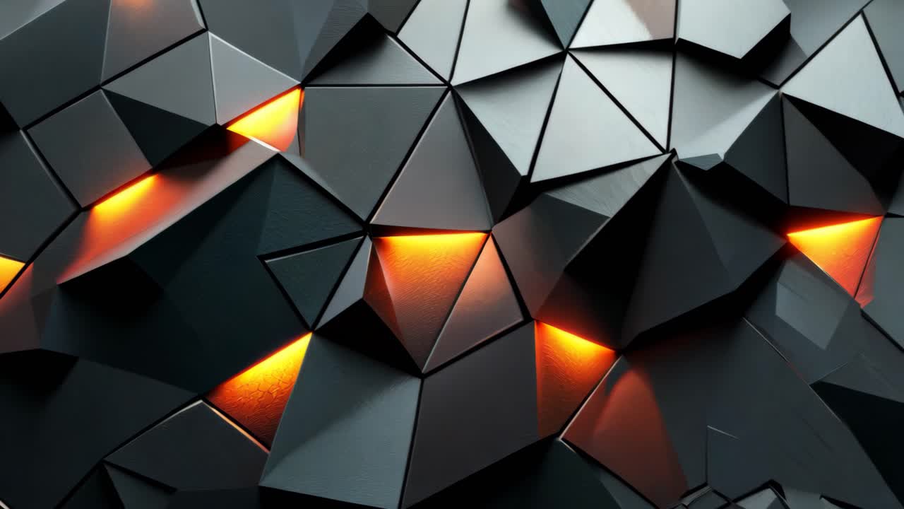 A black and orange abstract wall with many triangles. The triangles are lit up with orange light. The wall is made up of many small triangles, and the overall effect is a modern and edgy design