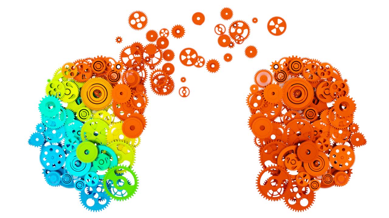 cabeza humana con engranajes. concepto de tecnología de negocios. animación 3d