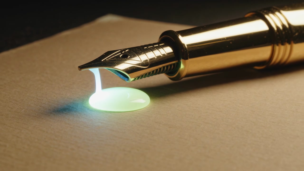 Dropping gold pen nib dripping glowing ink onto cream paper, filament touching paper forming puddle