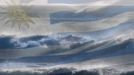 Digitale-Komposition-Der-Wehenden-Uruguayischen-Flagge-Gegen-Wellen-Im-Meer