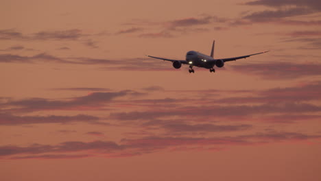 airplane landing at sunset