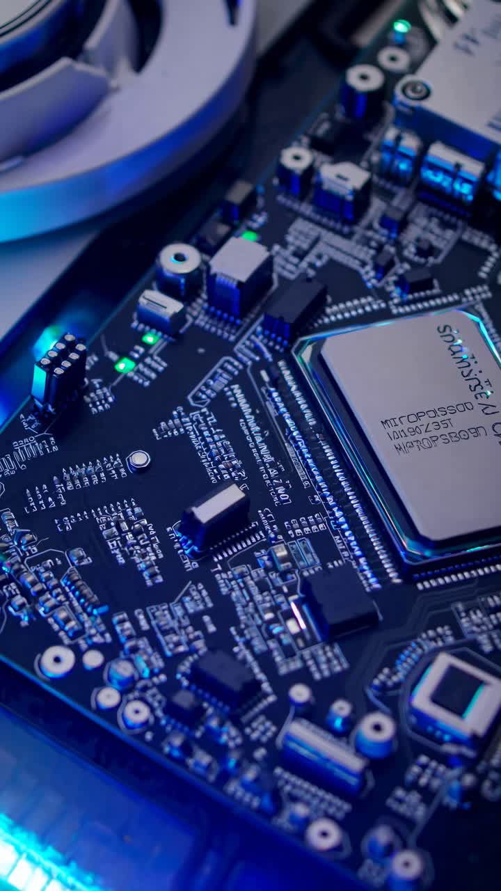 Close-up, angled shot of a computer motherboard with blue lighting, highlighting intricate circuits