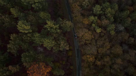 drone tracking of a car with lights on on a road through the forest at the end of the day in autumn, dordogne - france