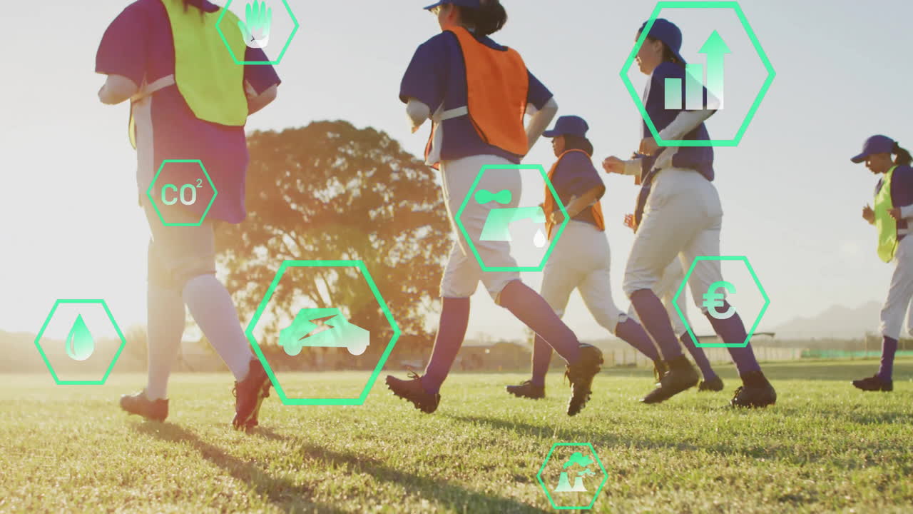 Young athletes running on field with environmental icons overlay animation