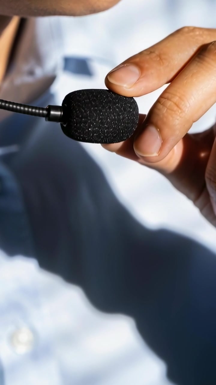 Video verticale: Mano che si allunga per regolare il microfono su una camicia bianca in studio, fissando la spugna per parlare
