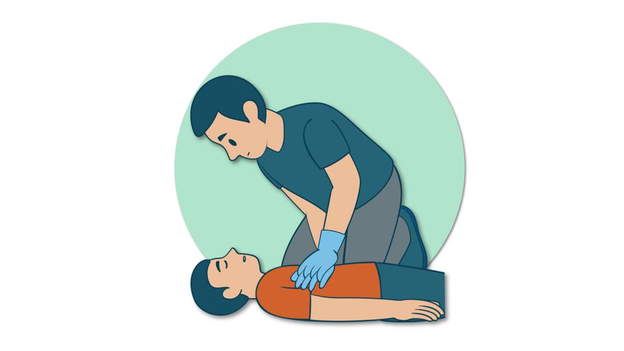 Animated sequence showing gloved hands performing chest compressions on adult patient, side view