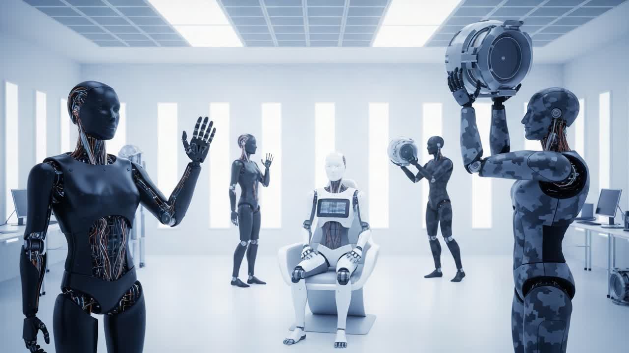A Futuristic Robotics Lab Showcasing Advanced Androids Engaged in Various Interactions, Focusing on Cutting-Edge Artificial Intelligence and Humanlike Design