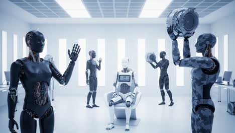 a futuristic robotics lab showcasing advanced androids engaged in various interactions, focusing on cutting-edge artificial intelligence and humanlike design