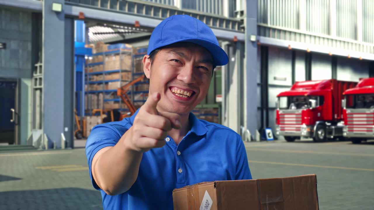 Close Up Of Asian male Courier In Blue Uniform Smiling And Making Honest Gesture While Delivering A Carton, Outside of Logistics Distributions Warehouse