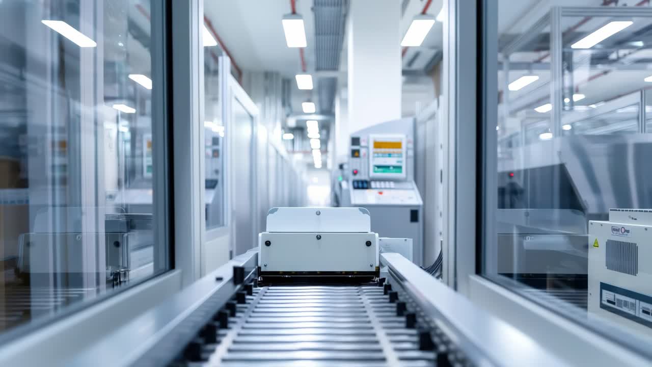 Modern industrial factory or laboratory featuring advanced machinery and automated systems working on production line, emphasizing innovation and efficiency in manufacturing process