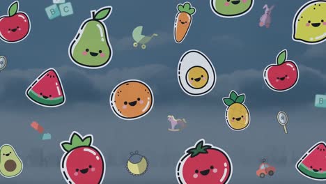 Animation-of-fresh-food-icons-and-baby-toys-over-cityscape
