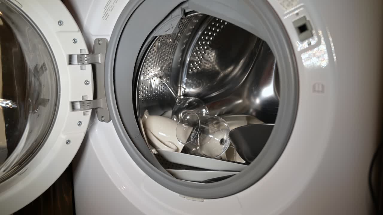 una mujer carga platos sucios en la lavadora. falta de un lavador de platos.