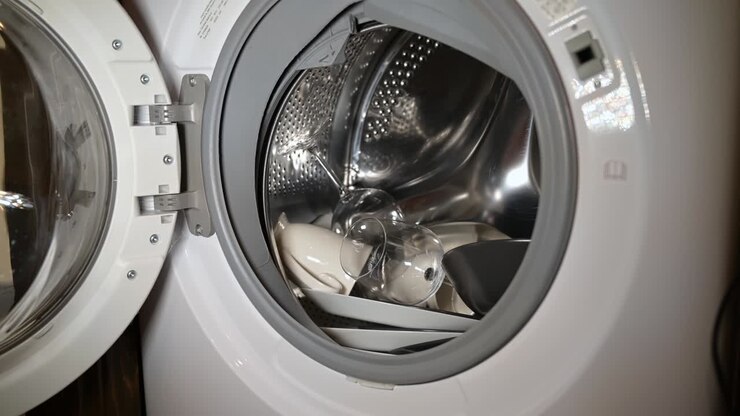 A woman loads dirty dishes into the washing machine. lack of a dishwasher.