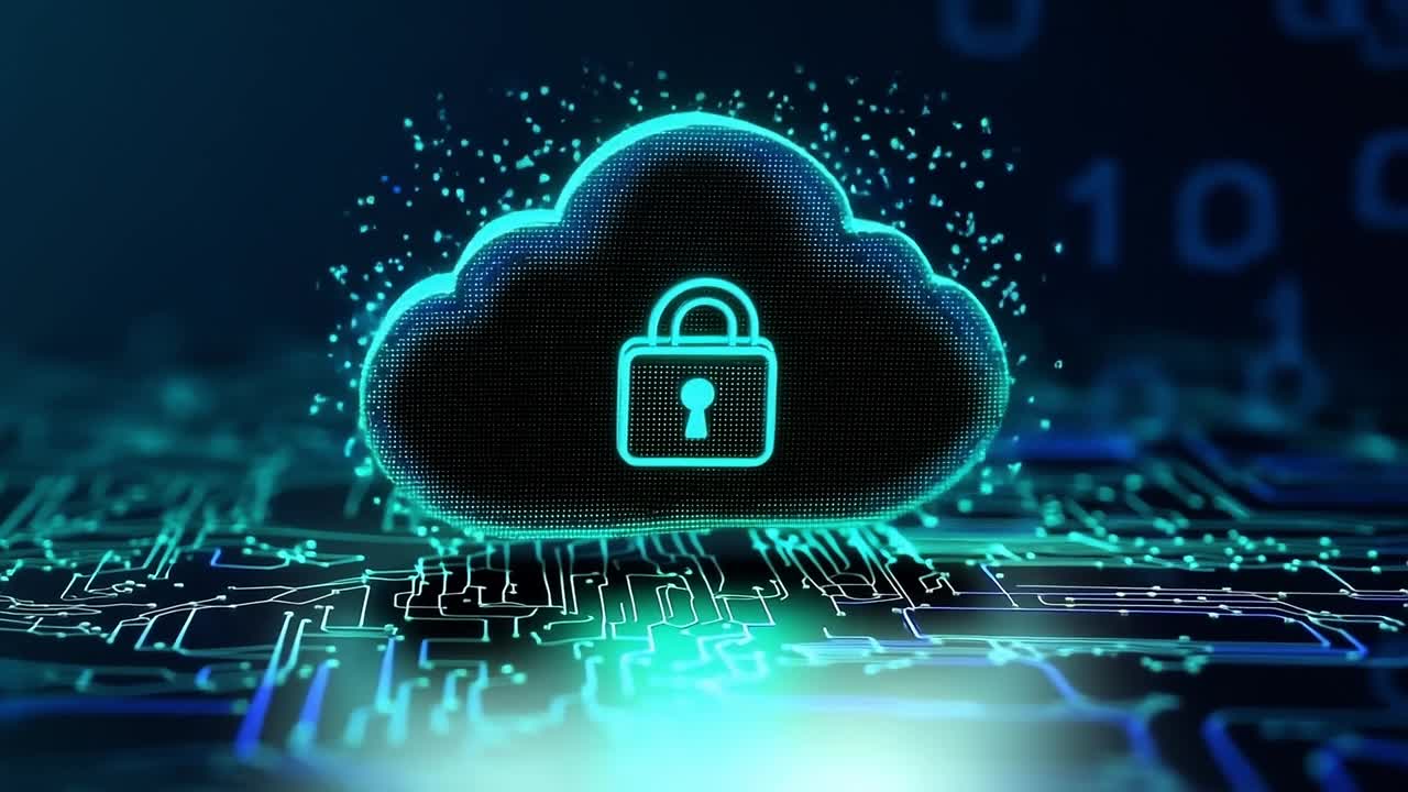 Secure cloud technology design concept. Digital cloud representation with a lock symbol, illustrating data security in a futuristic tech setting.