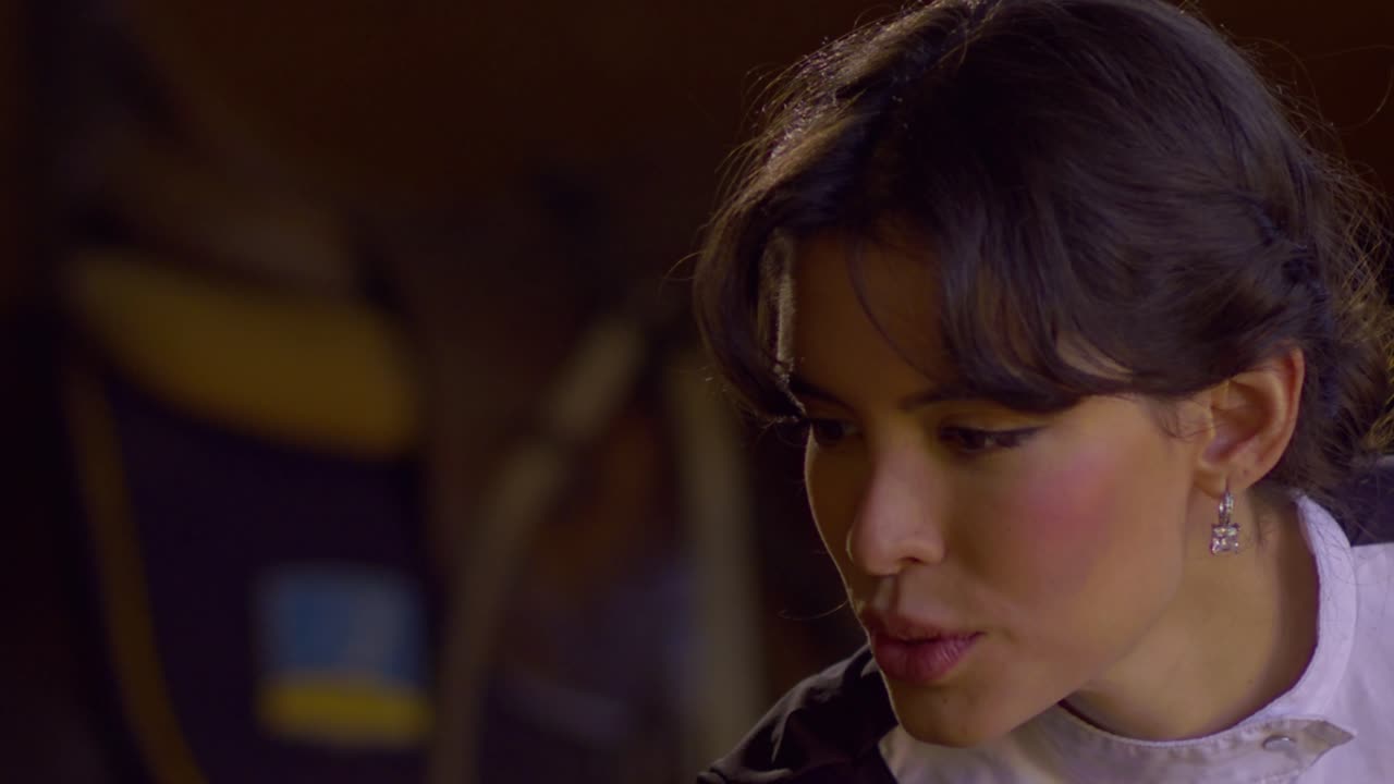 검은색과  ⁇ 색의 승마복을 입고 승마를 준비하는 아름다운 여성의 영화적인 클로즈업  ⁇ ,  ⁇ 의 배경에는 말, 슬로모, 슬로모션